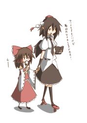  2girls asyura_kumo black_eyes black_hair black_socks blush brown_hair commentary_request detached_sleeves dress_shirt eating food frilled_skirt frills geta grin hair_ribbon hair_tubes hakurei_reimu hat holding holding_hands ice_cream ice_cream_cone kneehighs mary_janes multiple_girls necktie notebook open_mouth pom_pom_(clothes) ribbon shameimaru_aya shirt shoes short_hair skirt smile socks tengu-geta tokin_hat touhou translated walking wings 