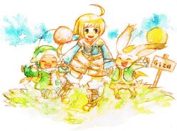  1boy ahoge animal_ears bad_id bad_pixiv_id blonde_hair boots final_fantasy final_fantasy_tactics_advance grass happy hashino_ami lowres marche_radiuju montblanc moogle nono_(final_fantasy) open_mouth rabbit_ears shorts smile standing 