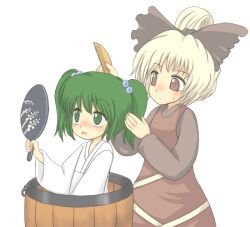  2girls bad_id bad_pixiv_id blonde_hair blush bow bucket collarbone comb green_eyes green_hair hair_bobbles hair_ornament hairbow hand_fan in_bucket in_container kisume kurodani_yamame long_sleeves multiple_girls short_hair sweatdrop touhou transparent_background twintails wide_sleeves wooden_bucket yuuma_(pumpkin) 