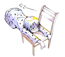  chair commentary_request female glasses kubocha original pajamas photoshop_(medium) short_hair simple_background solo white_background 