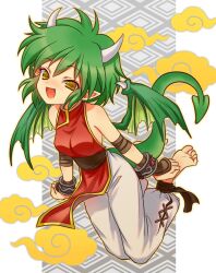  alternate_costume baggy_pants bandages barefoot bracelet bridal_gauntlets china_dress chinese_clothes commentary_request draco_centauros dragon_girl dragon_horns dragon_tail dragon_wings dress feet female girotin_ginza green_hair green_tail green_wings horns jewelry madou_monogatari oerba_yun_fang open_mouth pants photoshop_(medium) pointy_ears puffy_pants puyopuyo sash short_hair soles tail tail_raised toes wings yellow_eyes 