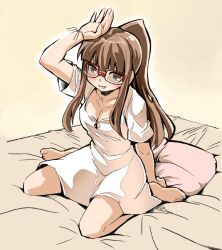  barefoot blush brown_eyes brown_hair commentary_request female glasses kubocha long_hair looking_at_viewer original photoshop_(medium) sitting smile solo wariza 