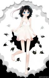  barefoot black_hair blue_eyes bow commentary_request creature dress female hairbow highres morina_nao original ribbon short_hair slim_legs solo strap_slip yami_shoujo 