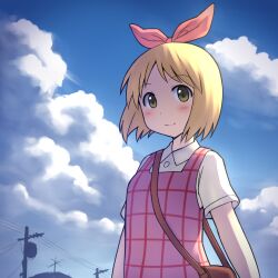  aaaa_(quad-a) annaka_haruna bad_id bad_pixiv_id bag blonde_hair blush brown_eyes cloud day dress female hair_ribbon handbag highres nichijou ribbon short_hair sky smile solo 