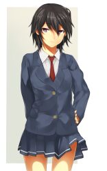  arm_behind_back bad_id bad_pixiv_id black_hair blazer dress_shirt female hand_on_own_hip highres jacket necktie nishimuku_meri original purple_eyes school_uniform shirt short_hair skirt solo 