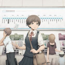  2boys 2girls bag belt big_eyes brown_eyes brown_hair cellphone commentary_request handbag highres md5_mismatch multiple_boys multiple_girls necktie original phone pleated_skirt ribbon salaryman school_uniform shirt short_hair short_sleeves skirt subway ticket ticket_machine train_station translated white_shirt yajirushi_(chanoma) 