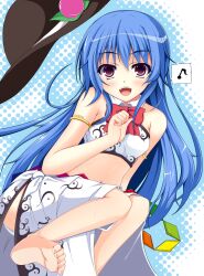  bad_id bad_pixiv_id bikini blue_hair chitosy detached_collar female food fruit hat highres hinanawi_tenshi long_hair long_skirt peach photoshop_(medium) print_sarong red_eyes sarong skirt solo swimsuit touhou white_sarong 