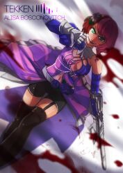  96neko_mtm alisa_boskonovich android bad_id bad_pixiv_id bike_shorts blood breasts chainsaw character_name cleavage evil_smile female flower garter_straps gradient_hair grin hair_ornament large_breasts multicolored_hair namco navel rose smile solo tekken thighhighs thumbs_down 