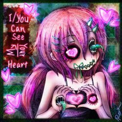  black_sclera female hair_ornament hairclip heart heart-shaped_pupils highres monster monster_girl original pink_eyes pink_hair ray-k ribbon solo stitched_mouth symbol-shaped_pupils 