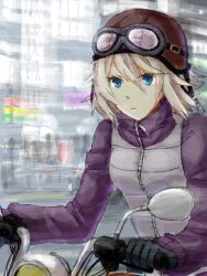  :&lt; alternate_costume black_gloves blonde_hair blue_eyes building concentrating driving female floating_hair gloves goggles goggles_on_head grey_vest hair_between_eyes hands_up helmet holding jacket kuroha_ai long_sleeves looking_ahead medium_hair motion_blur motor_vehicle motorcycle motorcycle_helmet outdoors purple_jacket riding road short_hair side-view_mirror sitting solo street sweater tegaki traffic_light turtleneck turtleneck_sweater upper_body urotsuki vest wind wire yume_2kki zipper zipper_pull_tab 