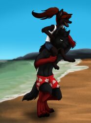  2012 anthro beach black_body black_fur black_hair bottomwear canid canine canis carrying_another closed_eyes clothed clothing day dequire detailed_background digital_media_(artwork) digitigrade domestic_dog duo father_(lore) female fur gloves_(marking) green_eyes grin hair happy husky leg_markings lolicon long_hair male mammal markings nordic_sled_dog on_shoulders open_mouth outside parent_(lore) ponytail red_body red_fur red_hair runicnature sand seaside shaded shirt short_hair shorts sierra_blakely sky smile socks_(marking) spitz standing tail tank_top teeth tongue topless topwear water wolf young young_anthro 