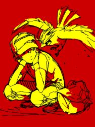  backpack bag baseball_cap black_eyes black_hair fingerless_gloves flying gen_1_pokemon gloves hat lechuza pidgeotto pokemon pokemon_(creature) pokemon_(game) pokemon_rgby red_(pokemon) red_(pokemon_rgby) red_background tegaki 