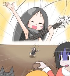  3girls antenna_hair black_cat black_dress blush_stickers bug cockroach commentary_request crossover dress feline gokicha gokicha_(character) guitar instrument mini_person minigirl multiple_girls nichijou personification professor_shinonome pxton sakamoto_(nichijou) scared shinonome_nano short_hair sweat trembling turn_pale 