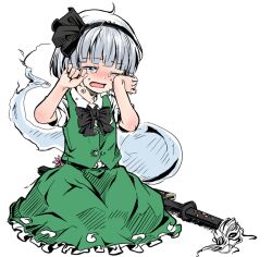  ahoge bad_id bad_pixiv_id black_hairband blue_eyes blush crying crying_with_eyes_open female grey_hair hair_ribbon hairband konpaku_youmu konpaku_youmu_(ghost) kuroda_(kuro_yyy) one_eye_closed open_mouth photoshop_(medium) ribbon sheath short_hair simple_background sitting skirt solo sword tears touhou weapon white_background wiping_tears 