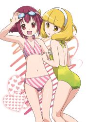  2girls :d :o adjusting_goggles bikini casual_one-piece_swimsuit commentary_request diagonal_stripes errant goggles hairband heart hoshizora_miyuki multiple_girls navel one-piece_swimsuit open_mouth pink_bikini precure red_eyes red_hair short_hair smile smile_precure striped_bikini striped_clothes swimsuit white_hairband yayoi_kise yellow_eyes yellow_one-piece_swimsuit 