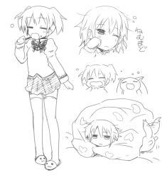  brushing_teeth commentary_request female greyscale kaname_madoka kyuubee lockheart mahou_shoujo_madoka_magica mahou_shoujo_madoka_magica_(anime) mitakihara_school_uniform monochrome open_mouth school_uniform skirt yawning 