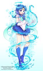  back_bow bad_id bad_pixiv_id bishoujo_senshi_sailor_moon blue_choker blue_eyes blue_footwear blue_hair blue_sailor_collar blue_skirt blue_theme boots bow brooch choker earrings female full_body gloves harp heart heart_brooch hydrokinesis instrument jewelry knee_boots magical_girl mercury_aqua_rhapsody mercury_harp mizuno_ami photoshop_(medium) pleated_skirt ribbon sailor_collar sailor_mercury sailor_senshi_uniform shainea short_hair skirt smile solo star_(symbol) star_choker super_sailor_mercury tiara water white_gloves 