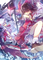  2girls album_cover battle blue_hair bow brown_eyes brown_hair checkered_floor commentary_request cover detached_sleeves foreshortening grin hair_tubes hairbow hakurei_reimu hat highres lamppost melodic_taste multiple_girls ofuda red_eyes remilia_scarlet smile spear_the_gungnir touhou wings wrist_cuffs yayin_(yayin233) 