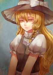  bad_id bad_pixiv_id blonde_hair bow braid bryanth female hat hat_bow kirisame_marisa puffy_sleeves short_sleeves side_braid single_braid solo touhou white_bow witch_hat yellow_eyes 