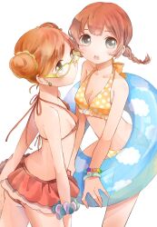  2girls bad_id bad_pixiv_id bikini bikini_skirt blush bracelet braid breasts brown_hair cleavage double_bun earrings fly_(marguerite) glasses green_eyes grey_eyes hair_bun halterneck innertube jewelry looking_at_viewer medium_breasts multiple_girls open_mouth original photoshop_(medium) polka_dot polka_dot_bikini polka_dot_swimsuit red_hair sideboob simple_background small_breasts swim_ring swimsuit twin_braids white_background yellow-framed_eyewear 