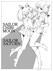  2girls back_bow bishoujo_senshi_sailor_moon bishoujo_senshi_sailor_moon_s boots bow brooch character_name chibi_usa choker closed_eyes commentary_request cone_hair_bun full_body greyscale hair_bun hair_ornament hairpin highres holding_hands jewelry knee_boots line_art magical_girl monochrome moriguchi_nao_(naonao) multiple_girls pleated_skirt ribbon sailor_chibi_moon sailor_saturn sailor_senshi sailor_senshi_uniform short_hair skirt smile star_brooch tomoe_hotaru twintails 