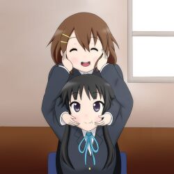  2girls akiyama_mio black_eyes black_hair brown_hair closed_eyes commentary_request hands_on_another&#039;s_cheeks hands_on_another&#039;s_face hirasawa_yui k-on! long_hair lowres multiple_girls open_mouth qwer round_teeth sakuragaoka_high_school_uniform school_uniform short_hair smile teeth 