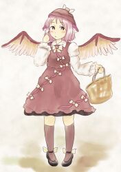  animal_ears bag bird_ears bird_wings black_footwear black_nails brown_dress brown_eyes brown_hat brown_socks chii-kun_(seedyoulater) collared_shirt commentary_request dress feathered_wings female fingernails full_body hat holding holding_bag kneehighs long_fingernails long_sleeves mystia_lorelei nail_polish pink_hair sharp_fingernails shirt shoes short_hair sleeve_garter socks solo standing touhou white_shirt winged_footwear winged_hat wings 