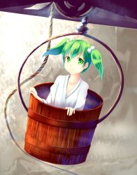  bucket collarbone commentary_request female green_eyes green_hair hair_bobbles hair_ornament in_bucket in_container kisume long_sleeves rope sakura_ani smile solo touhou twintails wooden_bucket 