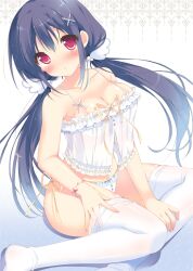  :o babydoll bad_id bad_pixiv_id black_hair blush bracelet breasts cleavage commentary_request cropped female frills front-tie_top gradient_background hair_ornament jewelry lingerie long_hair looking_at_viewer low_twintails medium_breasts open_mouth original pan_(mimi) panties parted_lips photoshop_(medium) red_eyes see-through shiny_skin side-tie_panties simple_background sitting solo thighhighs twintails underwear very_long_hair white_panties white_thighhighs x_hair_ornament yokozuwari 