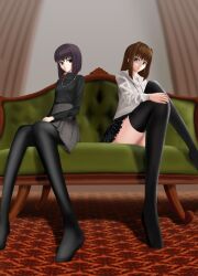  2girls a00 alternate_legwear aozaki_aoko black_eyes black_hair black_pantyhose black_shirt black_thighhighs blue_eyes bob_cut brown_hair commentary_request couch grey_skirt jewelry kuonji_alice long_hair mahou_tsukai_no_yoru multiple_girls necklace no_shoes pantyhose photoshop_(medium) plaid plaid_skirt shirt short_hair sitting skirt sweater thighhighs turtleneck 