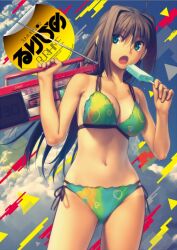  ahoge aozaki_aoko bikini blue_eyes boombox brand_name_imitation breasts brown_hair female food green_bikini hair_intakes holding_boombox imageboard_desourced koyama_hirokazu large_breasts long_hair mahou_tsukai_no_yoru multicolored_bikini multicolored_clothes navel non-web_source official_art popsicle resized scan side-tie_bikini_bottom solo sony swimsuit tan tanlines upscaled 