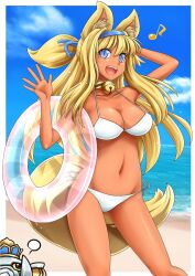  animal_ears beach bikini blonde_hair blue_eyes breasts commentary_request day female innertube kouretsuken_mahiru shinrabanshou solo swim_ring swimsuit tail urokozuki white_bikini wolf_ears 