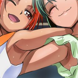  2girls ^_^ armpits closed_eyes green_hair haruyama_kazunori hino_akane_(smile_precure!) midorikawa_nao multiple_girls one_eye_closed precure red_eyes red_hair smile smile_precure sweat 