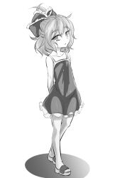  arms_behind_back bow commentary_request female greyscale hair_ornament hairbow hakano_shinshi kagiyama_hina lolicon looking_at_viewer monochrome open_mouth shadow shirt short_hair simple_background slippers solo standing touhou white_background 