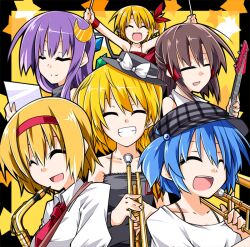  6+girls album_cover alice_margatroid alternate_costume alternate_headwear bass_guitar blonde_hair blue_hair bow brown_hair closed_eyes commentary_request cover crescent drumsticks flandre_scarlet grin guitar hair_ribbon hair_tubes hakurei_reimu hat hat_bow hemogurobin_a1c instrument kawashiro_nitori kirisame_marisa long_hair multiple_girls patchouli_knowledge photoshop_(medium) pointy_ears purple_hair ribbon saxophone short_hair smile touhou trombone trumpet two_side_up 