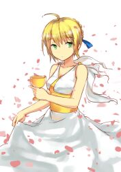  ahoge alternate_costume artoria_pendragon_(fate) blonde_hair chalice commentary_request cup cuts dress fate/zero fate_(series) female green_eyes hair_ribbon injury mushiboy petals ribbon saber_(fate) solo 