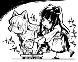  2girls animal_ears baby cat_ears commentary_request greyscale kubocha long_hair monochrome multiple_girls open_mouth original photoshop_(medium) smile 