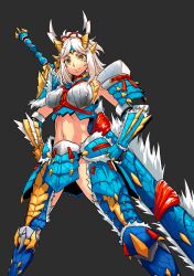  absurdres armor closed_mouth commentary_request female hands_on_own_hips highres midriff monster_hunter_(character) monster_hunter_(series) monster_hunter_portable_3rd navel realmbw smile solo sword weapon white_hair yellow_eyes zinogre_(armor) 