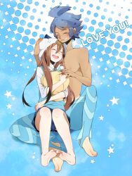  1boy ahoge alternate_costume bad_id bad_pixiv_id bare_legs barefoot beanie blue_background blue_hair blush brown_hair closed_eyes couple english_text feet female grin hat legskin long_hair male_swimwear marlon_(pokemon) pillow pokemon pokemon_bw2 raichi_(28bit!!) rosa_(pokemon) short_hair smile star_(symbol) stirrup_swimwear straight tan twintails 