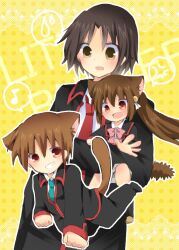  2boys animal_ears bad_id bad_pixiv_id black_eyes black_hair brown_hair cat_ears female little_busters! little_busters!_school_uniform long_hair multiple_boys naoe_riki natsume_kyousuke natsume_rin oerba_yun_fang ponytail red_eyes school_uniform short_hair tail yui_(ntm-21) 