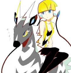  bad_drawr_id bad_id bare_shoulders blonde_hair blue_eyes carrying elesa_(pokemon) emunise female oekaki pantyhose pokemon pokemon_(creature) pokemon_bw riding riding_pokemon short_hair sitting zebstrika 