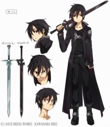  1boy angry black_eyes black_hair bunbun dark_repulser elucidator hair_between_eyes holding holding_sword holding_weapon kirito male_focus official_art over_shoulder reference_sheet smile sword sword_art_online sword_over_shoulder unsheathed watermark weapon weapon_over_shoulder white_background 