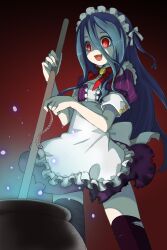  apron bad_id bad_pixiv_id black_thighhighs bow cultist_maid female highres juke long_hair maid maid_headdress oerba_yun_fang open_mouth photoshop_(medium) pot puffy_sleeves red_eyes shaded_face short_sleeves solo sword_girls thighhighs worm 