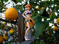  female figure food fruit hand_on_hip hips lowres merchandise midriff nami nami_(one_piece) one_piece orange orange_hair outdoors photo standing 