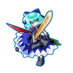  adapted_costume advent_cirno aqua_eyes aqua_hair blue_hair bow chisato_(team_makeinu) cirno commentary_request dual_wielding female gloves hairbow holding long_sleeves short_hair smile solo sword touhou weapon white_background wide_sleeves 