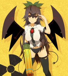  alternate_wings arm_cannon black_hair black_thighhighs black_wings breasts commentary_request female haseneko long_hair radiation_symbol red_eyes reiuji_utsuho smile solo thighhighs third_eye touhou underwear weapon wings 