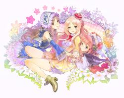  3girls arched_crown atelier_(series) atelier_meruru atelier_rorona atelier_totori bare_legs blonde_hair bloomers blue_eyes blue_sleeves braid brown_eyes brown_hair cocorip commentary crown detached_sleeves flower full_body grey_eyes half_updo hat long_hair merurulince_rede_arls multiple_girls photoshop_(medium) red_crown red_hair rororina_fryxell short_hair skirt smile tilted_headwear totooria_helmold underwear white_bloomers 