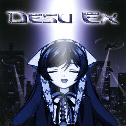  adam_jensen blue_hair city closed_eyes cover crossover desu deus_ex hat helicopter meme night parody photoshop pun rozen_maiden suiseiseki 