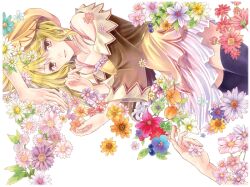  adapted_costume bare_shoulders black_legwear blonde_hair brown_eyes commentary_request dress female flower food fruit hands hat karina_lyle long_hair lying thighhighs tiger_&amp;_bunny tippy_mixx wide_sleeves 