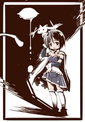  animal_on_head cape commentary_request creature detached_sleeves female kubocha kyuubee magical_girl mahou_shoujo_madoka_magica mahou_shoujo_madoka_magica_(anime) miki_sayaka miki_sayaka_(magical_girl) on_head photoshop_(medium) short_hair skirt tears 